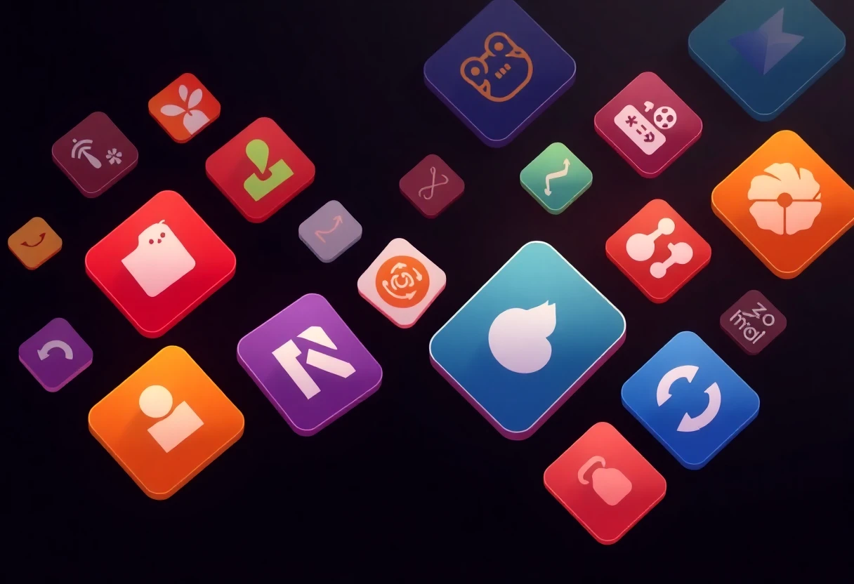 Geometric app tiles on dark background